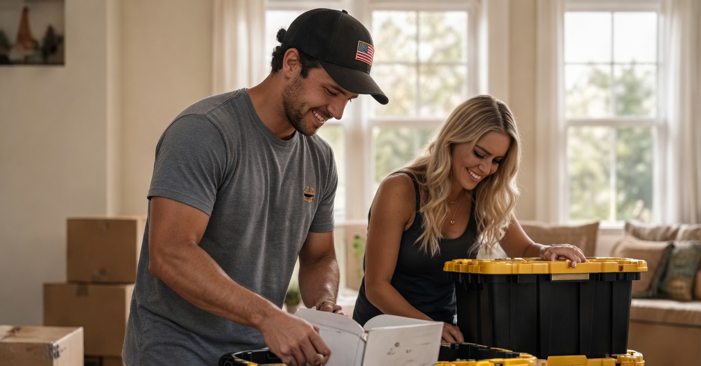 Couple packing a tote together beside moving boxes